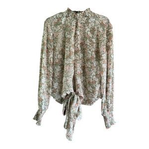 Olivaceous Floral Sheer Front Tie Blouse | Size Large